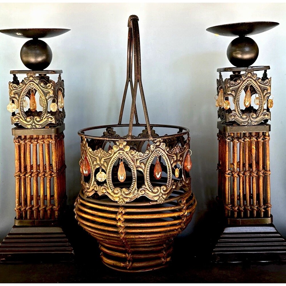 VTG Gilded Metal Rattan Candlesticks 16” Planter Basket Exotic Boho Decor Set